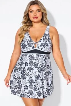 Black Floral Print Cut Out Plus Size Swimdress -Trendy Bikini Set Sales Store b desd121001 3