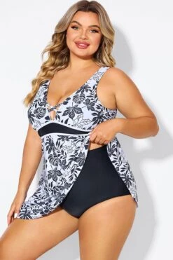 Black Floral Print Cut Out Plus Size Swimdress -Trendy Bikini Set Sales Store b desd121001 5