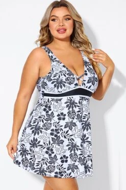 Black Floral Print Cut Out Plus Size Swimdress -Trendy Bikini Set Sales Store b desd121001 6