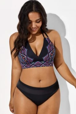 Black And Purple Printed Halter Sexy Bikini Set