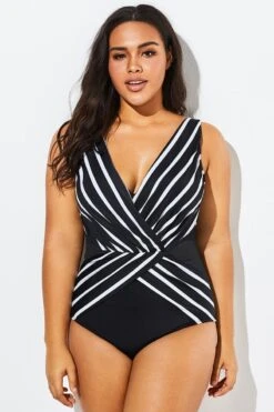 Black V-Neck Streak Modern One Piece Swimsuit -Trendy Bikini Set Sales Store b sfop1911012 1