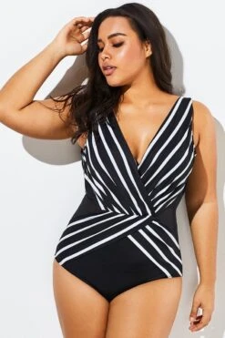 Black V-Neck Streak Modern One Piece Swimsuit -Trendy Bikini Set Sales Store b sfop1911012 4