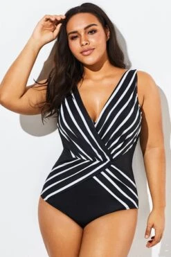 Black V-Neck Streak Modern One Piece Swimsuit -Trendy Bikini Set Sales Store b sfop1911012 6