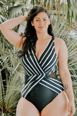 Black V-Neck Streak Modern One Piece Swimsuit -Trendy Bikini Set Sales Store b sfop1911012 7