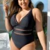 Black Lattice Plunge V-neck One Piece Swimsuit