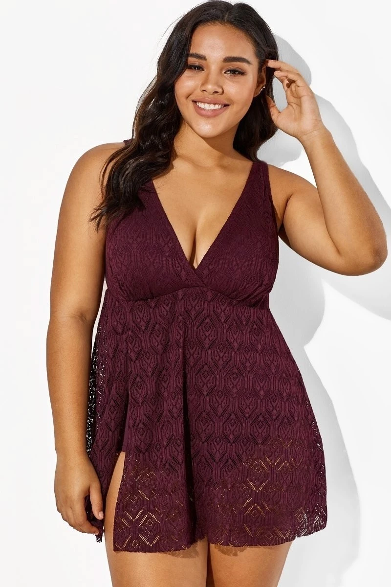 Wine Crochet Side Slit V-Neck Graceful Swimdress 3 Wine Crochet Side Slit V-Neck Graceful Swimdress - Image 3