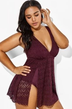 Wine Crochet Side Slit V-Neck Graceful Swimdress 11 Wine Crochet Side Slit V-Neck Graceful Swimdress -Trendy Bikini Set Sales Store b sfsd1911005 4 1