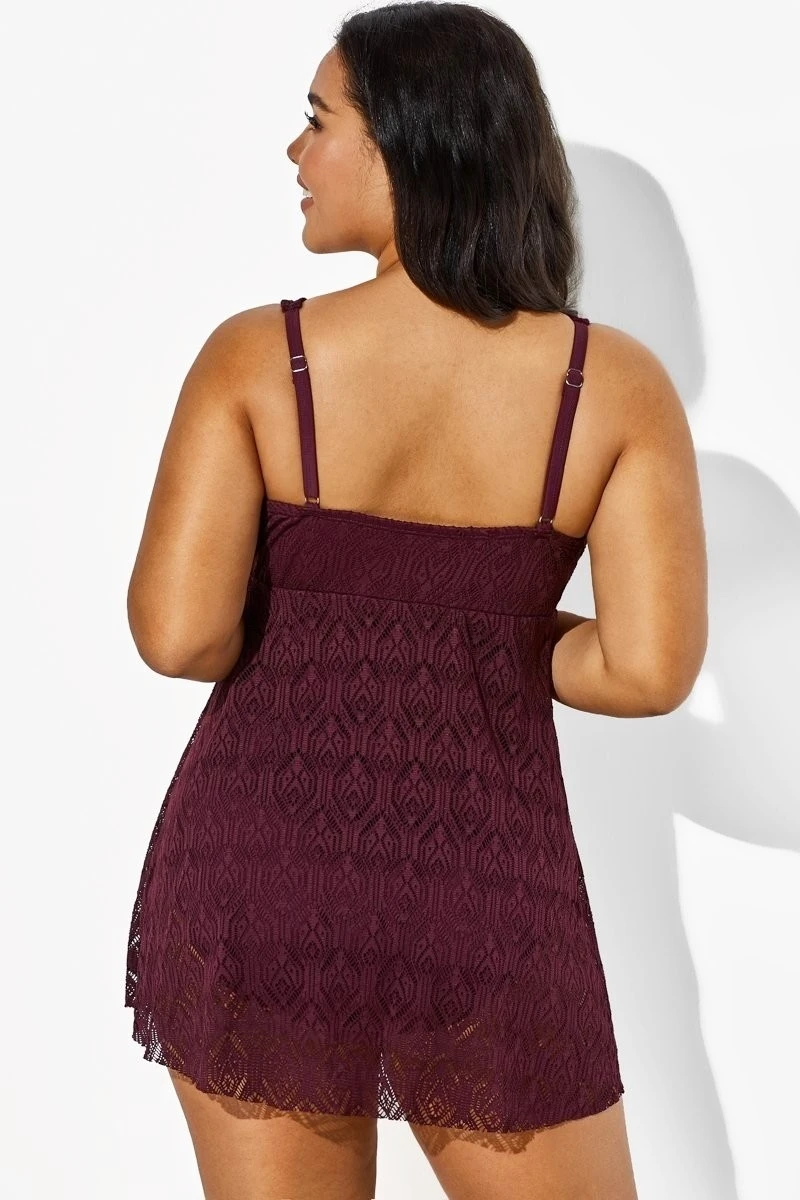 Wine Crochet Side Slit V-Neck Graceful Swimdress 2 Wine Crochet Side Slit V-Neck Graceful Swimdress - Image 2