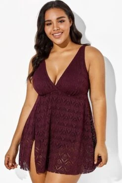 Wine Crochet Side Slit V-Neck Graceful Swimdress
