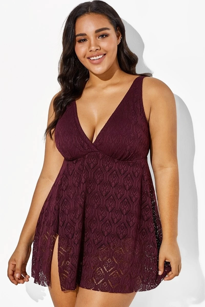 Wine Crochet Side Slit V-Neck Graceful Swimdress 1 Wine Crochet Side Slit V-Neck Graceful Swimdress