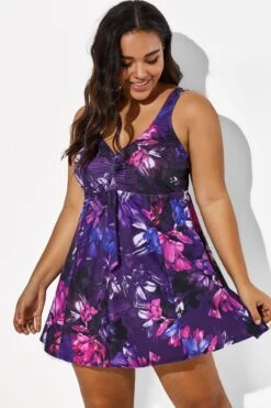 Multicolored Lotus Tie Front V-Neck Swimdress -Trendy Bikini Set Sales Store b sfsd1911006 1