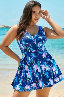 Blue V-neck Elegant Flower Swimdress For Lady -Trendy Bikini Set Sales Store b sfsd1911047 4
