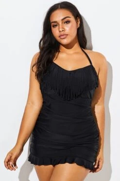 Solid Black Fringe Ruffle Hem Bandeau Swimdress -Trendy Bikini Set Sales Store b sfsd1911060 6