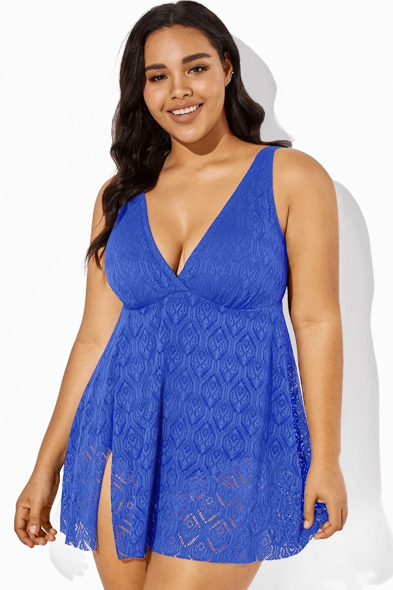 Blue Crochet Side Slit V-Neck Graceful Swimdress 4 Blue Crochet Side Slit V-Neck Graceful Swimdress - Image 4