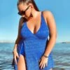 Blue Crochet Side Slit V-Neck Graceful Swimdress