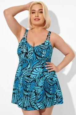 Blue Leaves Printed V-neck Women Swimdress -Trendy Bikini Set Sales Store b sfsd2003046 4