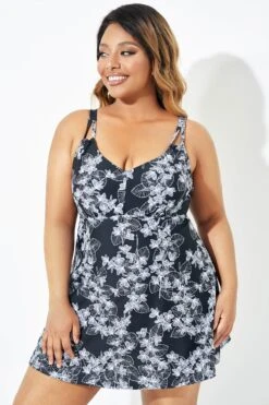 Black Floral Printed Double Strap Women Swimdress 9 Black Floral Printed Double Strap Women Swimdress -Trendy Bikini Set Sales Store b sfsd2003068 4