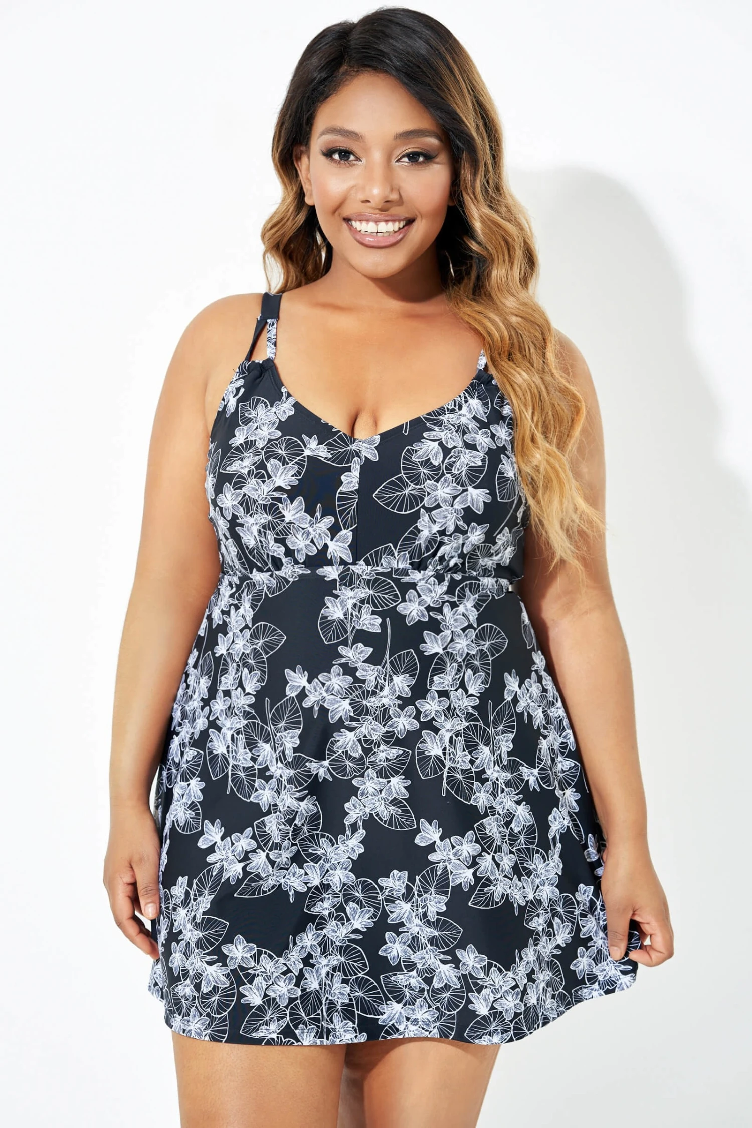 Black Floral Printed Double Strap Women Swimdress 6 Black Floral Printed Double Strap Women Swimdress - Image 6