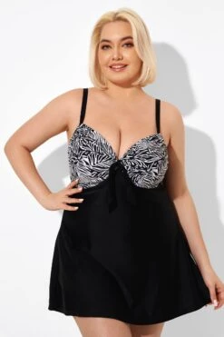 Black & White Jungle Tie Front Underwire Swimdress -Trendy Bikini Set Sales Store b sfsd2003121 5