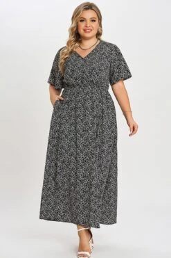 Black V Neck Ditsy Floral Pocket Split Maxi Dress