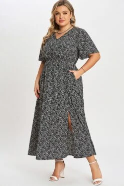 Black V Neck Ditsy Floral Pocket Split Maxi Dress -Trendy Bikini Set Sales Store c sd001002 6