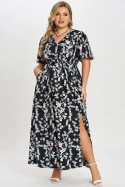 Multicolor Floral Flutter Sleeve Pocket Split Maxi Dress