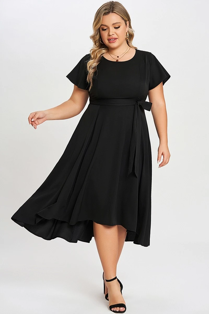 Black Crew Neck High-low Hem Pockets Midi Dress 1 Black Crew Neck High-low Hem Pockets Midi Dress