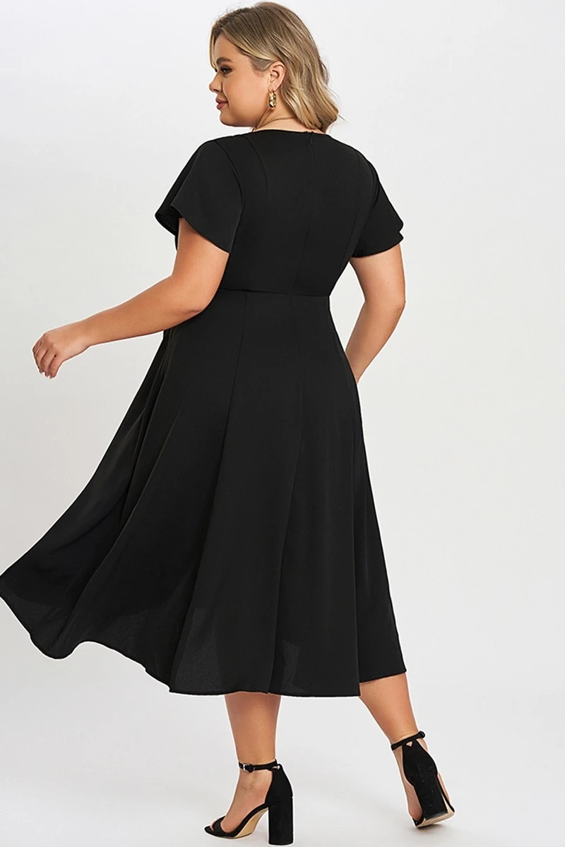 Black Crew Neck High-low Hem Pockets Midi Dress 2 Black Crew Neck High-low Hem Pockets Midi Dress - Image 2
