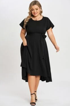 Black Crew Neck High-low Hem Pockets Midi Dress 8 Black Crew Neck High-low Hem Pockets Midi Dress -Trendy Bikini Set Sales Store c sd012001 3