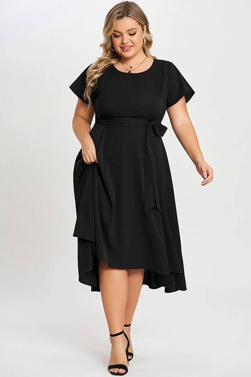 Black Crew Neck High-low Hem Pockets Midi Dress 3 Black Crew Neck High-low Hem Pockets Midi Dress - Image 3