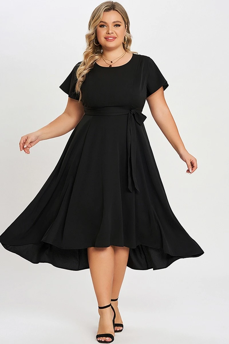 Black Crew Neck High-low Hem Pockets Midi Dress 5 Black Crew Neck High-low Hem Pockets Midi Dress - Image 5