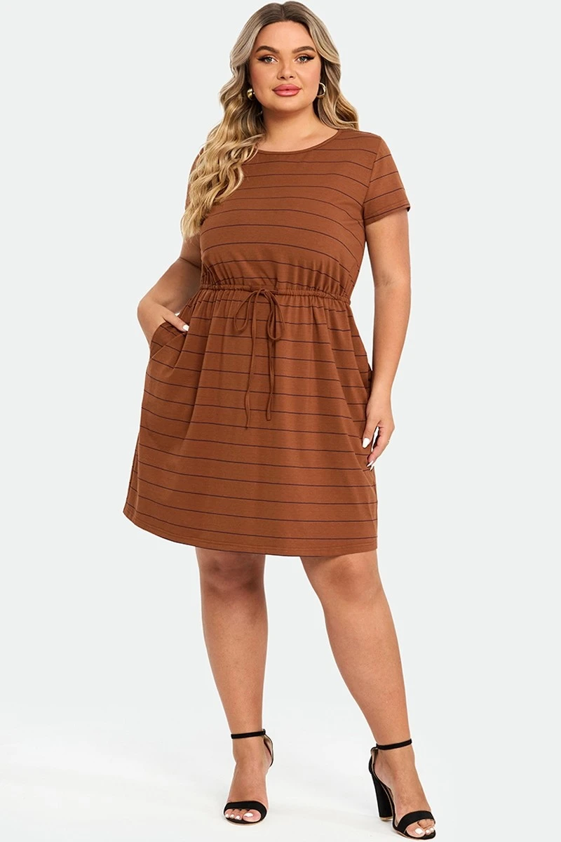 Plus Size Stripe Adjustable Drawstring Women Dress 3 Plus Size Stripe Adjustable Drawstring Women Dress - Image 3