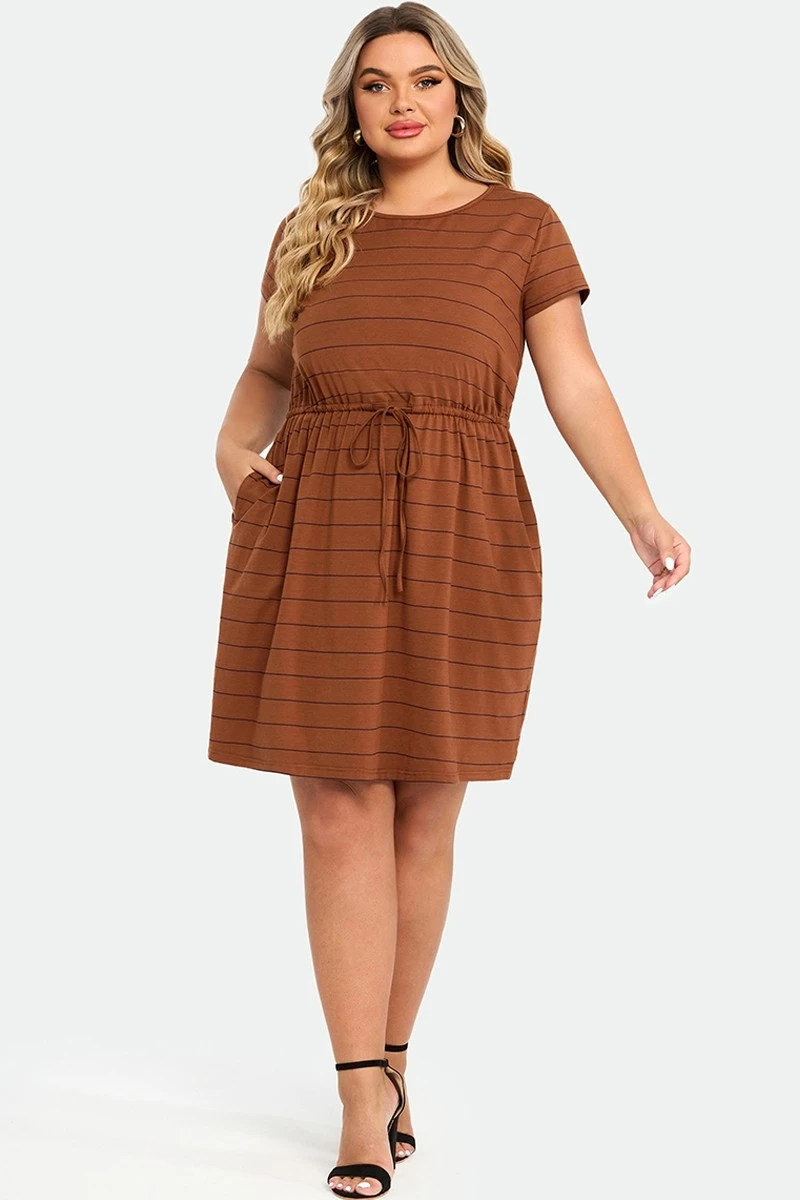 Plus Size Stripe Adjustable Drawstring Women Dress 4 Plus Size Stripe Adjustable Drawstring Women Dress - Image 4