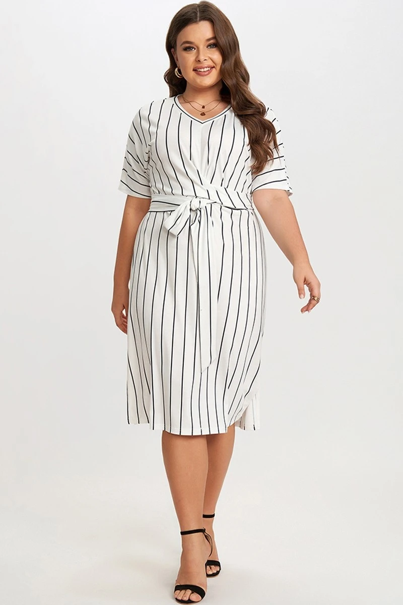 Black & White Stripe V Neck Wrap Around Dress 1 Black & White Stripe V Neck Wrap Around Dress