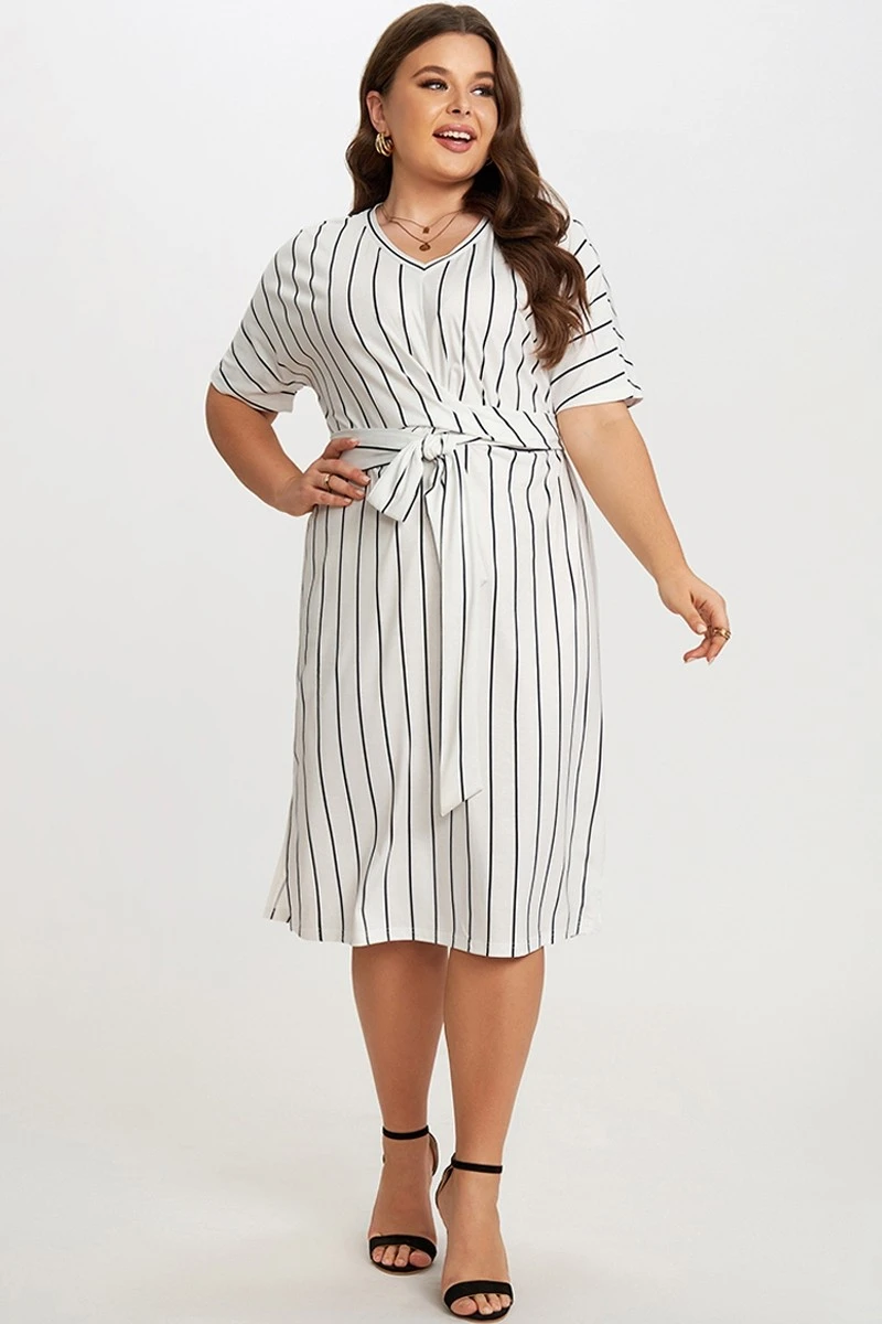 Black & White Stripe V Neck Wrap Around Dress 3 Black & White Stripe V Neck Wrap Around Dress - Image 3