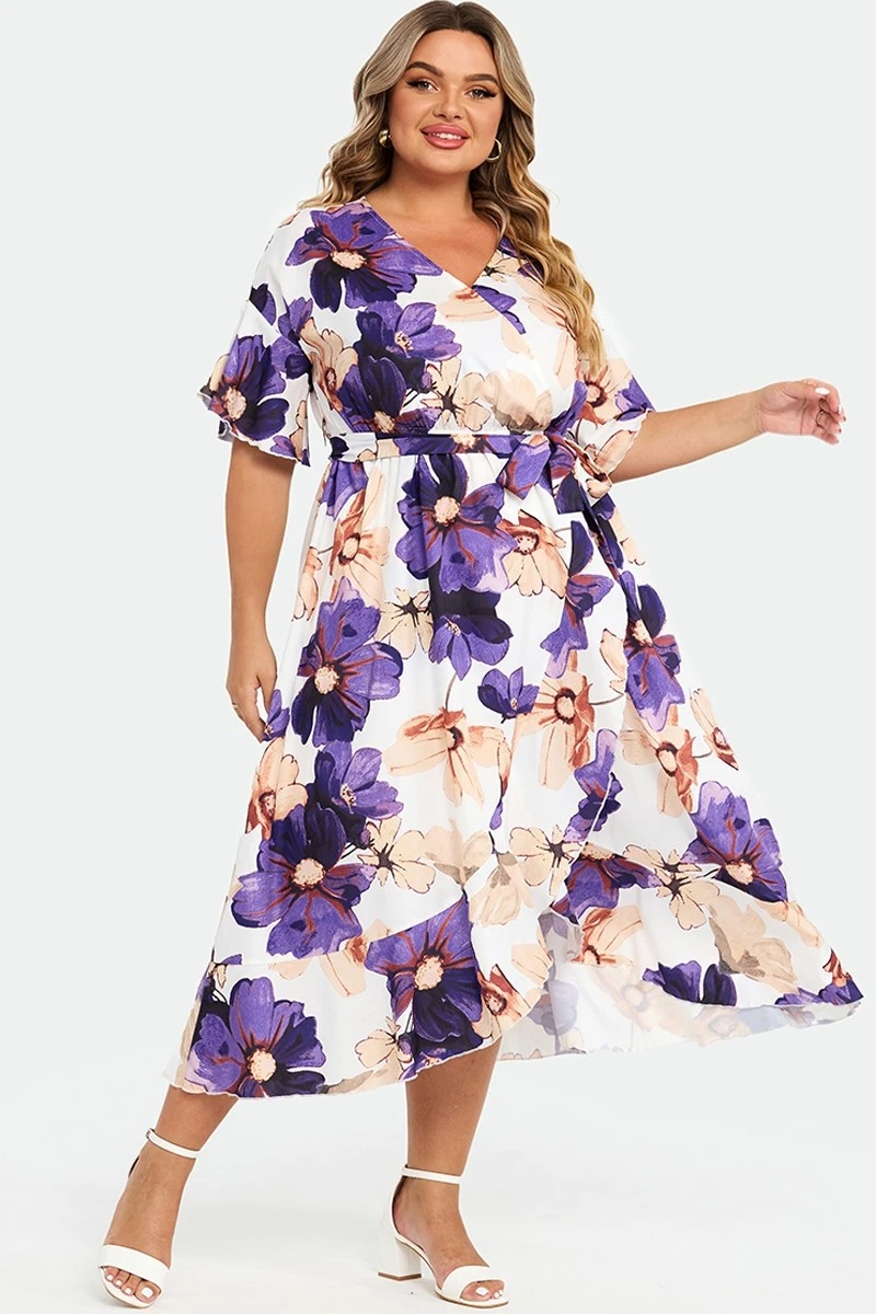 Elegant Multi Color Flower Print V Neck Flared Sleeve Dress 1 Elegant Multi Color Flower Print V Neck Flared Sleeve Dress