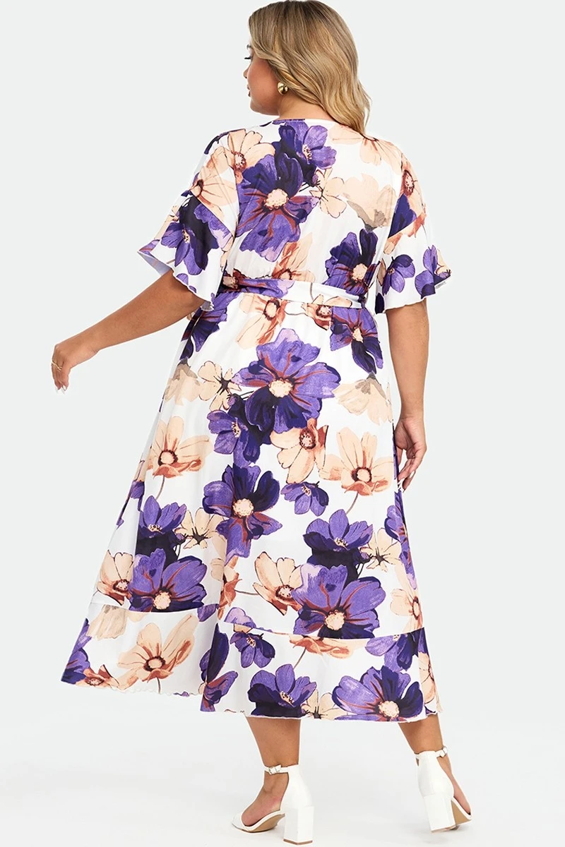 Elegant Multi Color Flower Print V Neck Flared Sleeve Dress 2 Elegant Multi Color Flower Print V Neck Flared Sleeve Dress - Image 2