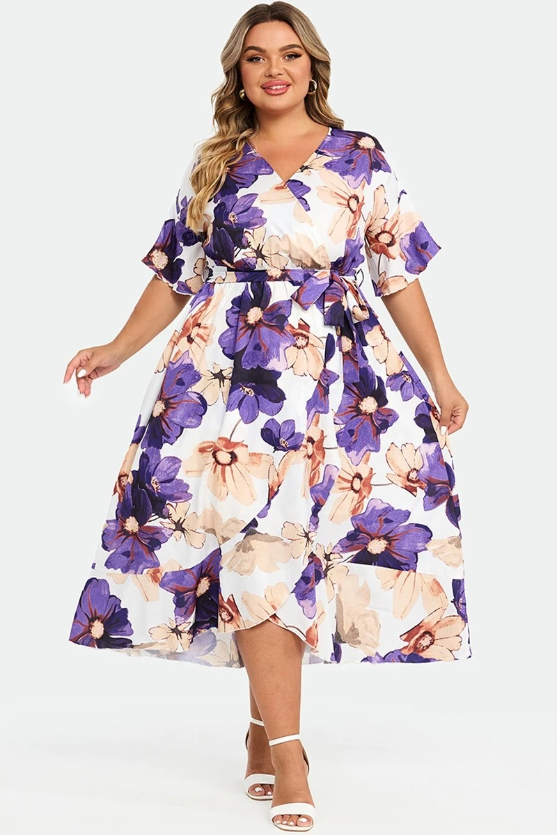 Elegant Multi Color Flower Print V Neck Flared Sleeve Dress 3 Elegant Multi Color Flower Print V Neck Flared Sleeve Dress - Image 3