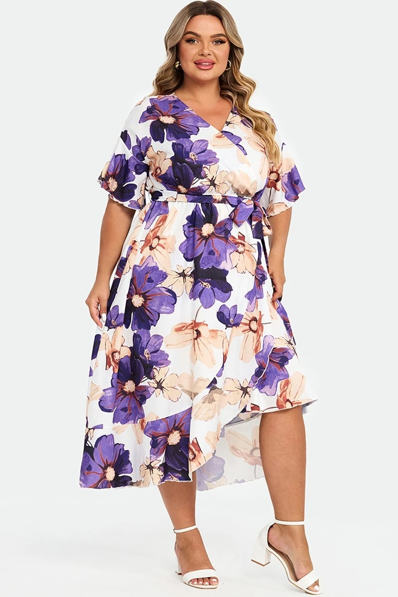 Elegant Multi Color Flower Print V Neck Flared Sleeve Dress 4 Elegant Multi Color Flower Print V Neck Flared Sleeve Dress - Image 4