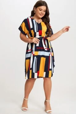 Print Color Block Dolman Sleeve Belted Plus Size Midi Dress -Trendy Bikini Set Sales Store c sd021001 4