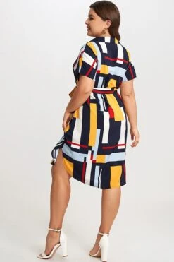 Print Color Block Dolman Sleeve Belted Plus Size Midi Dress -Trendy Bikini Set Sales Store c sd021001 6