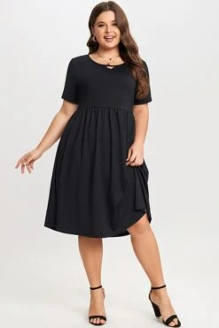 Black Short Sleeve Plus Size Pockets Midi Dress 8 Black Short Sleeve Plus Size Pockets Midi Dress -Trendy Bikini Set Sales Store c sd025001 3