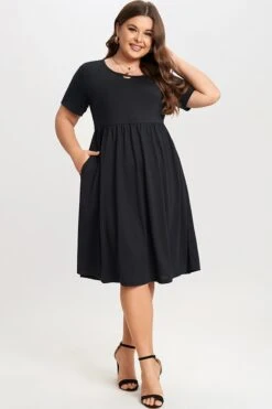 Black Short Sleeve Plus Size Pockets Midi Dress 9 Black Short Sleeve Plus Size Pockets Midi Dress -Trendy Bikini Set Sales Store c sd025001 4
