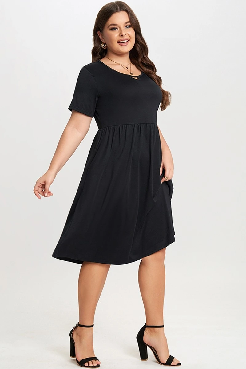 Black Short Sleeve Plus Size Pockets Midi Dress 5 Black Short Sleeve Plus Size Pockets Midi Dress - Image 5
