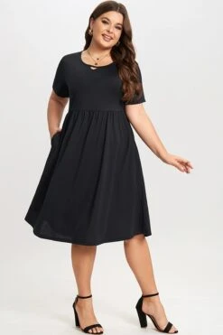 Black Short Sleeve Plus Size Pockets Midi Dress 11 Black Short Sleeve Plus Size Pockets Midi Dress -Trendy Bikini Set Sales Store c sd025001 6