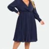 Navy V-neck Knot Front Long Sleeves Pullover Style Dress