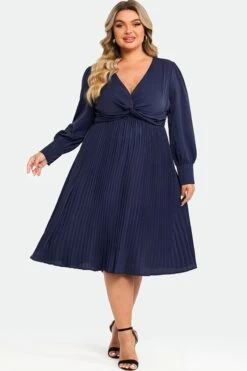 Navy V-neck Knot Front Long Sleeves Pullover Style Dress -Trendy Bikini Set Sales Store c sd026001 3
