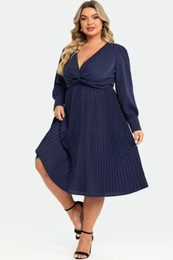 Navy V-neck Knot Front Long Sleeves Pullover Style Dress -Trendy Bikini Set Sales Store c sd026001 6