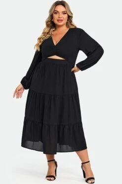 Black Long Sleeves Cutout A-line Midi Dress