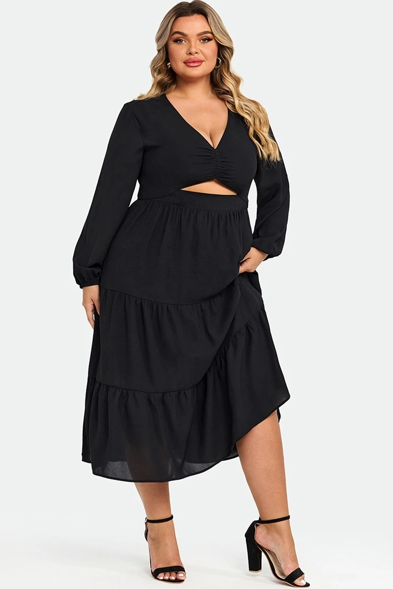 Black Long Sleeves Cutout A-line Midi Dress 6 Black Long Sleeves Cutout A-line Midi Dress - Image 6